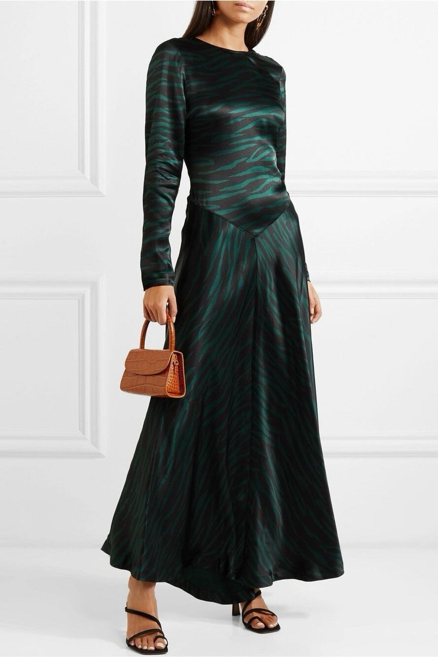 GANNI Cameron Emerald Satin Evening Cocktail Dress Contemporary Romantic Size 40
